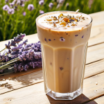 **

A beautifully styled lavender and honey iced latte, garnished with fresh lavender blossoms, on a bright, sunlit table. Focus on the drink's aesthetic and the overall sensory experience of a flower-filled meadow. Soft, diffused lighting.

**