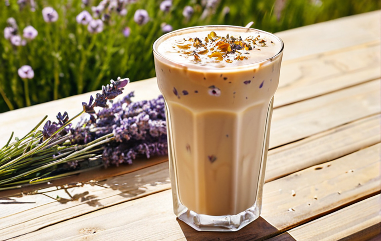 **
A beautifully styled lavender and honey iced latte, garnished with fresh lavender blossoms, on a bright, sunlit table. Focus on the drink's aesthetic and the overall sensory experience of a flower-filled meadow. Soft, diffused lighting.
**