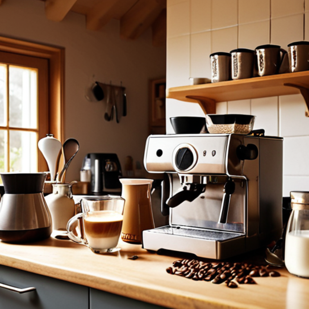 **A cozy, sunlit Swedish kitchen. A person is carefully steaming milk with an espresso machine, creating latte art. Various coffee-making tools and bags of coffee beans are visible. The atmosphere is warm and inviting.** (Focus: Home barista setup, learning, warm tones)