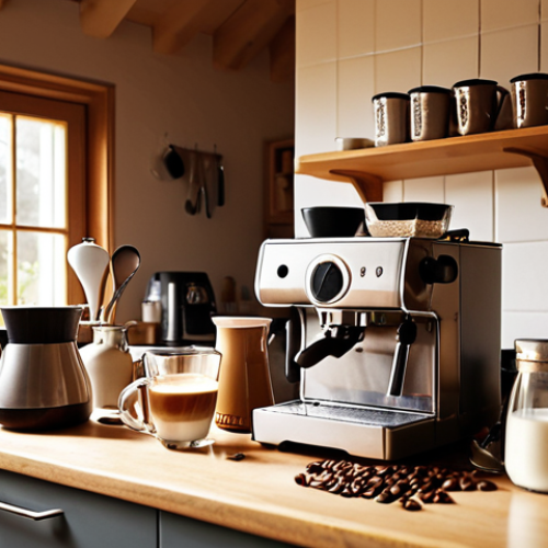 **A cozy, sunlit Swedish kitchen. A person is carefully steaming milk with an espresso machine, creating latte art. Various coffee-making tools and bags of coffee beans are visible. The atmosphere is warm and inviting.** (Focus: Home barista setup, learning, warm tones)