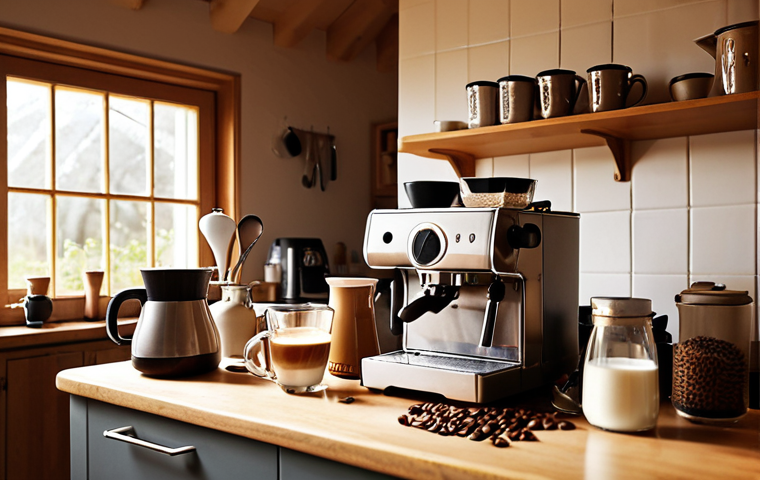 **A cozy, sunlit Swedish kitchen. A person is carefully steaming milk with an espresso machine, creating latte art. Various coffee-making tools and bags of coffee beans are visible. The atmosphere is warm and inviting.** (Focus: Home barista setup, learning, warm tones)